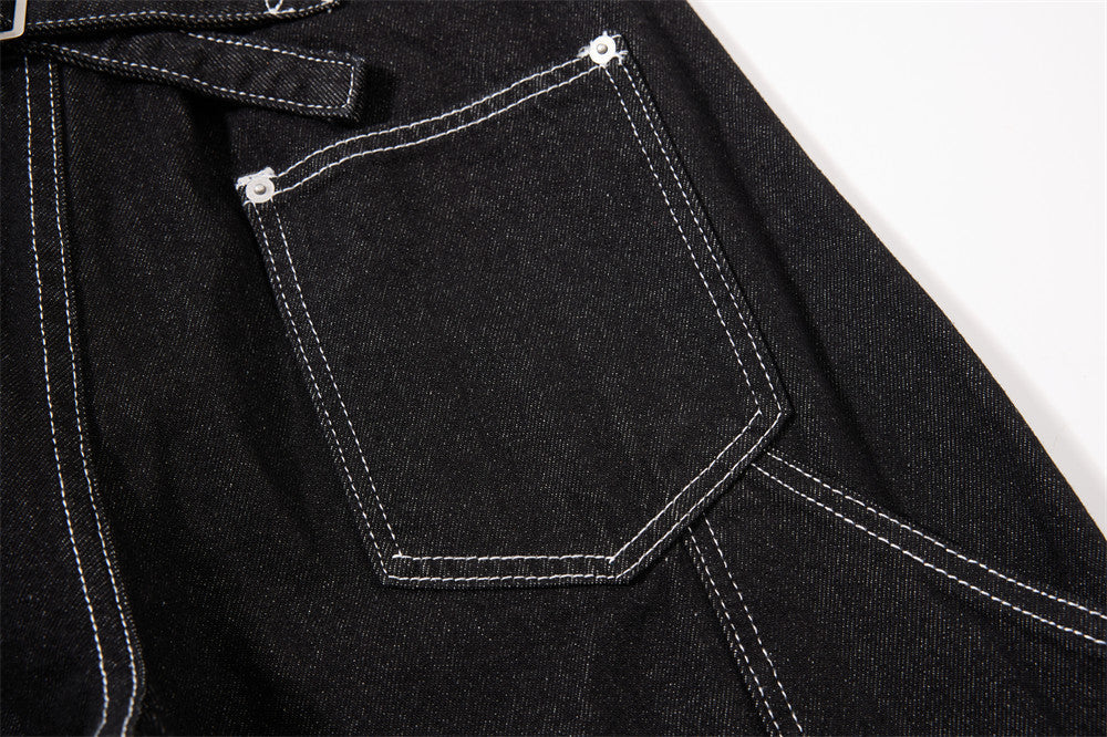 Black Wide-Leg Denim Pants with Contrast Stitching