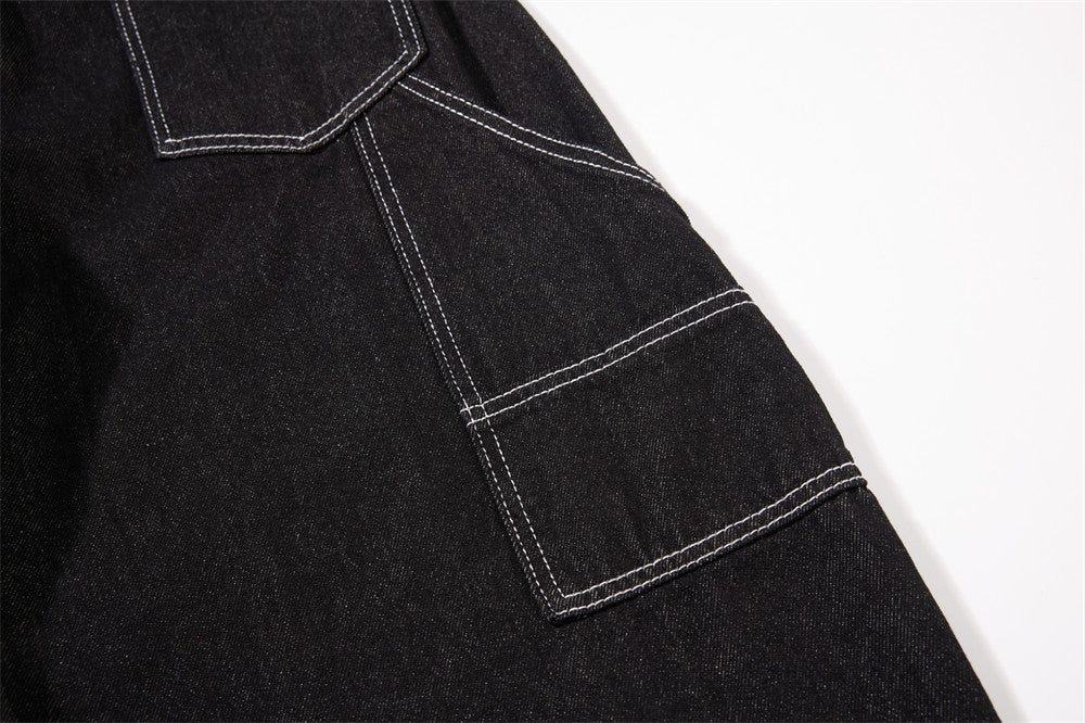 Black Wide-Leg Denim Pants with Contrast Stitching