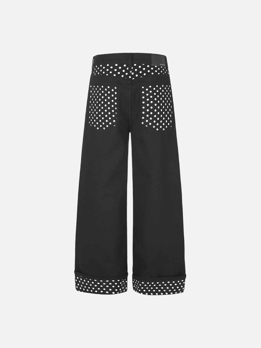 Black Wide-Leg Pants with Polka Dot Accents