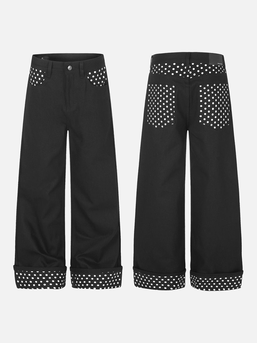 Black Wide-Leg Pants with Polka Dot Accents