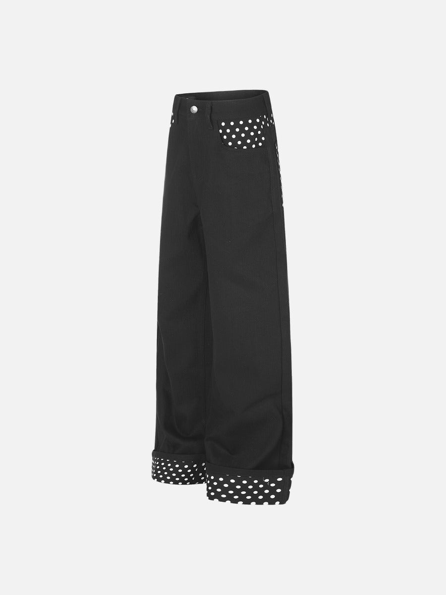 Black Wide-Leg Pants with Polka Dot Accents
