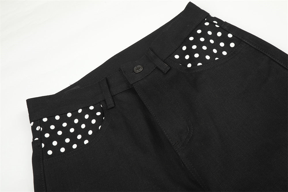 Black Wide-Leg Pants with Polka Dot Accents