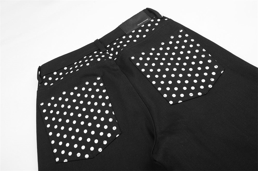 Black Wide-Leg Pants with Polka Dot Accents