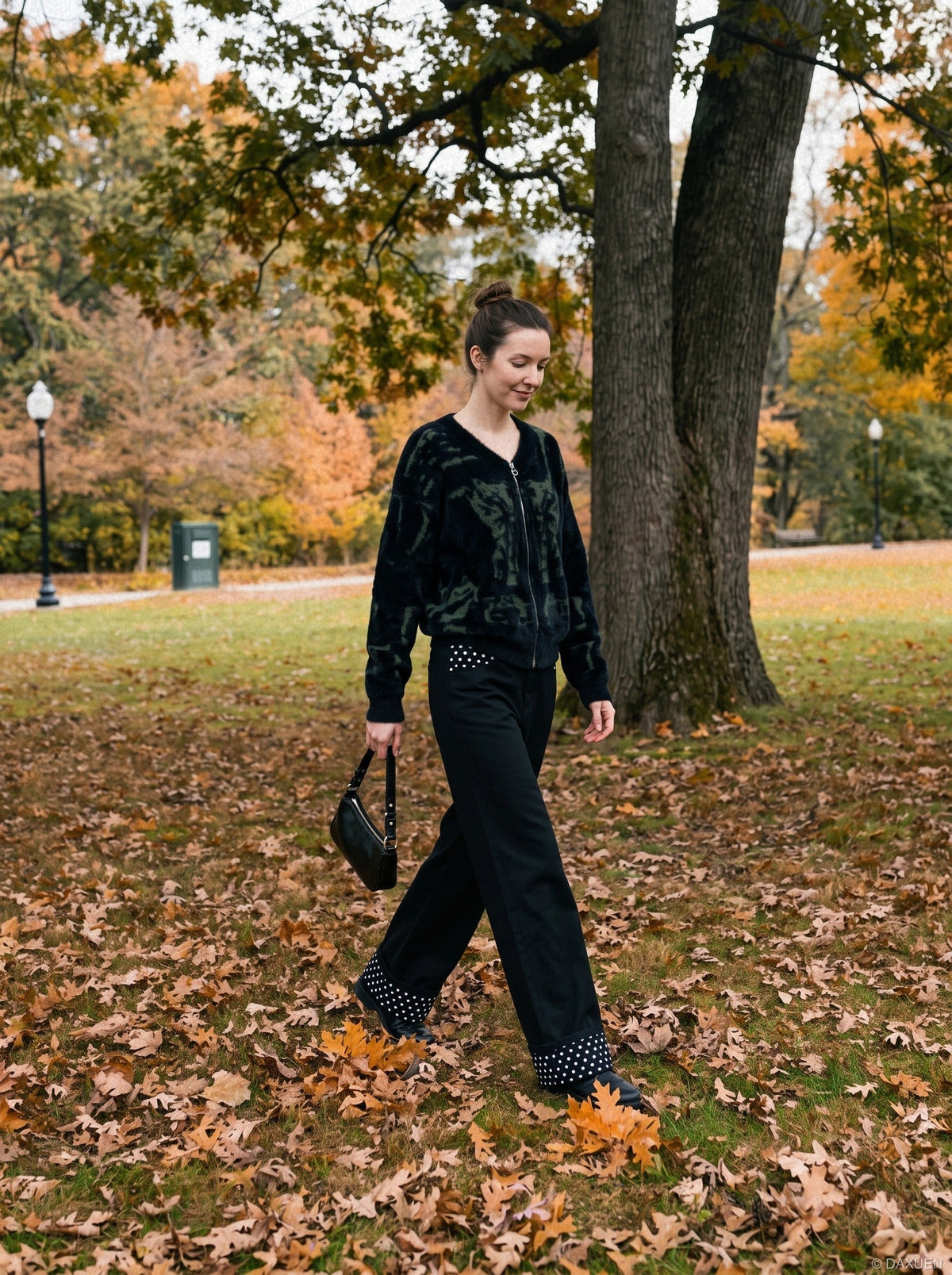 Black Wide-Leg Pants with Polka Dot Accents