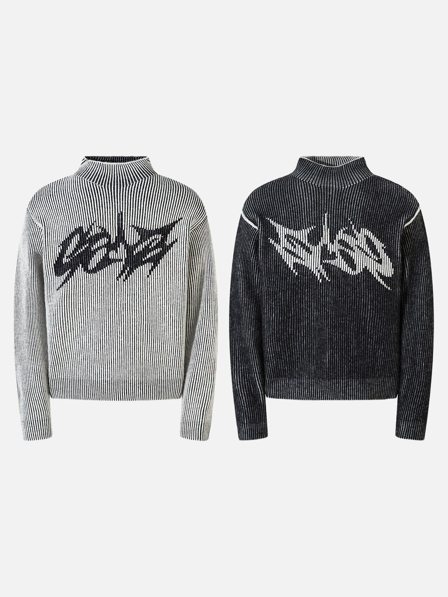 DAXUEN black vertical ribbed abstract graphic mock neck sweater