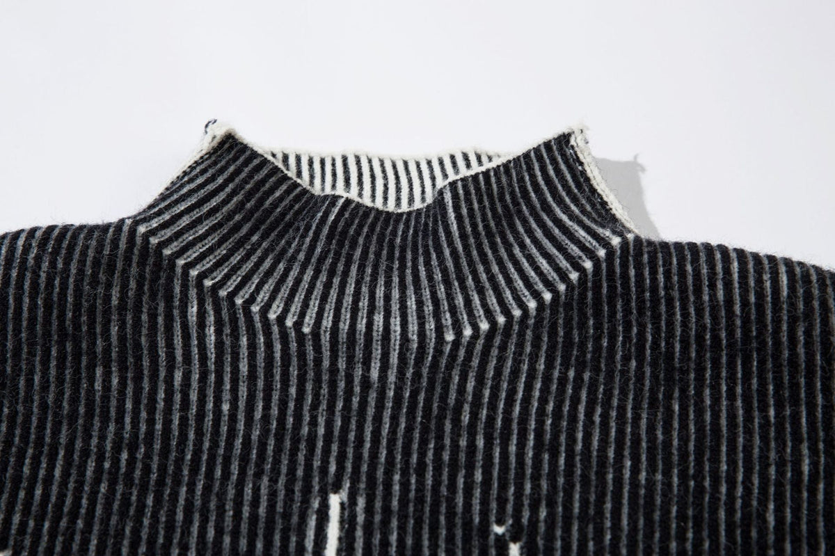 DAXUEN black vertical ribbed abstract graphic mock neck sweater