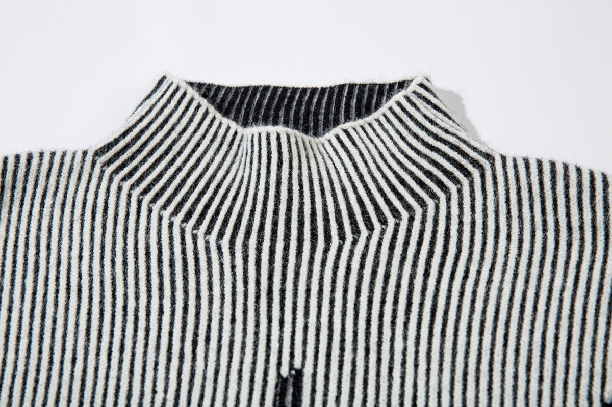 DAXUEN black vertical ribbed abstract graphic mock neck sweater