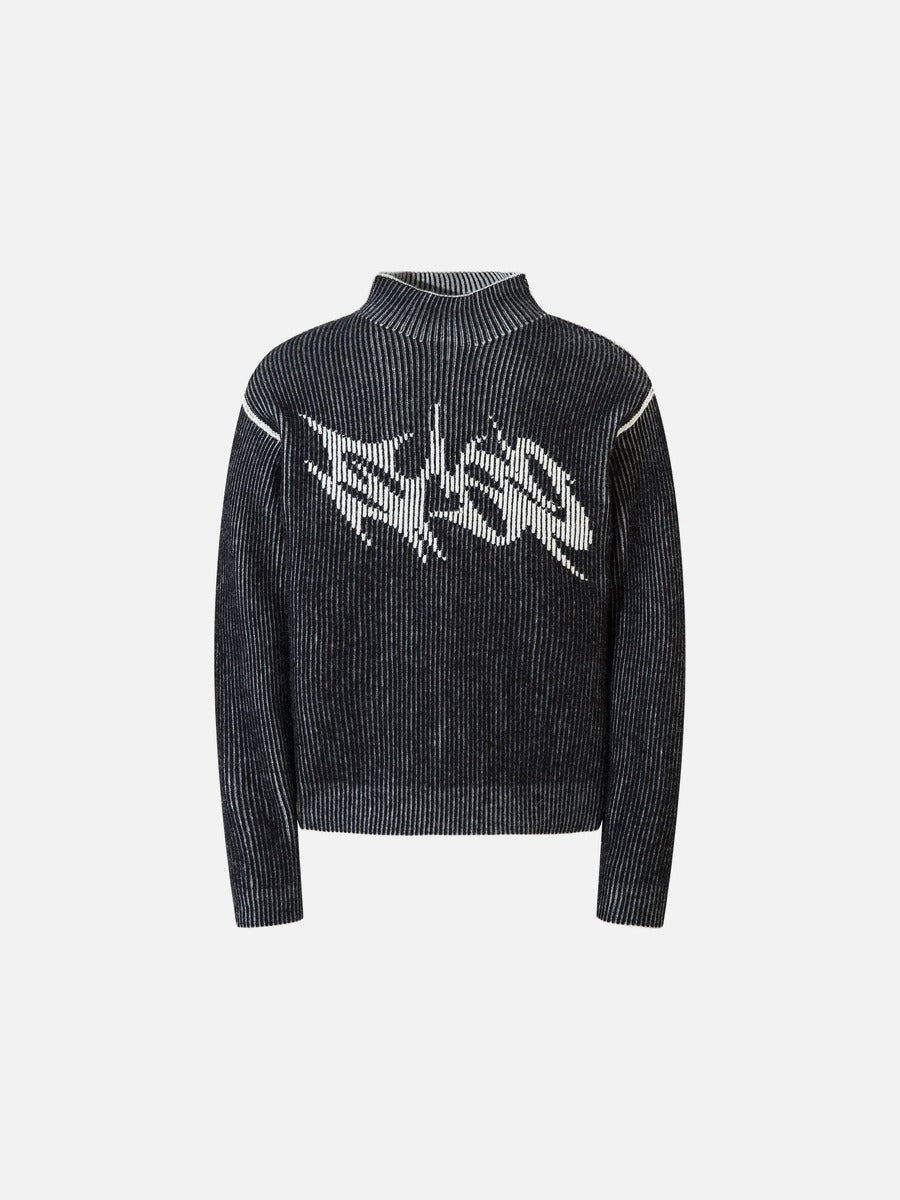 DAXUEN black vertical ribbed abstract graphic mock neck sweater