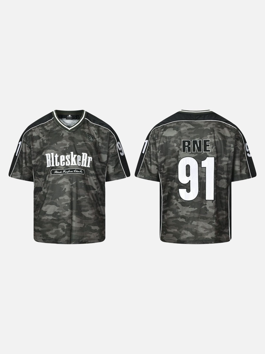 Jersey-Top mit V-Ausschnitt und auffälligem Camo-Print