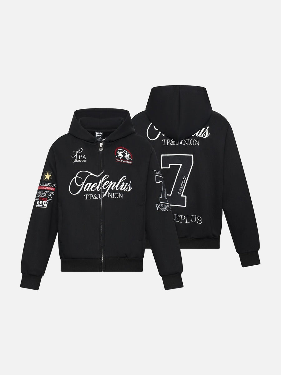 DAXUEN solid red full-zip embroidered crest hoodie
