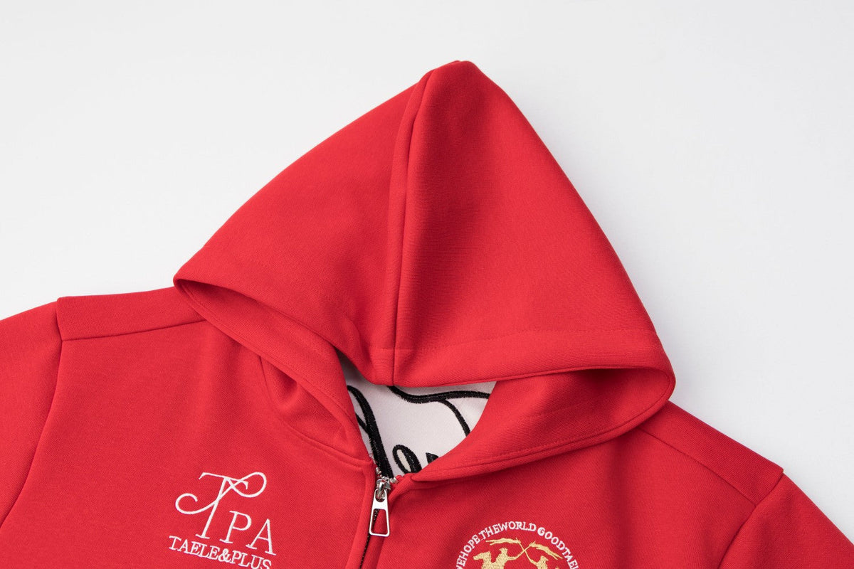 DAXUEN solid red full-zip embroidered crest hoodie
