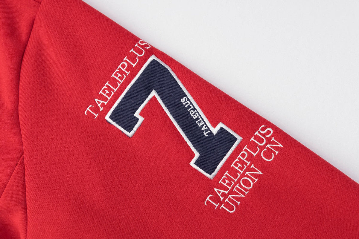 DAXUEN solid red full-zip embroidered crest hoodie