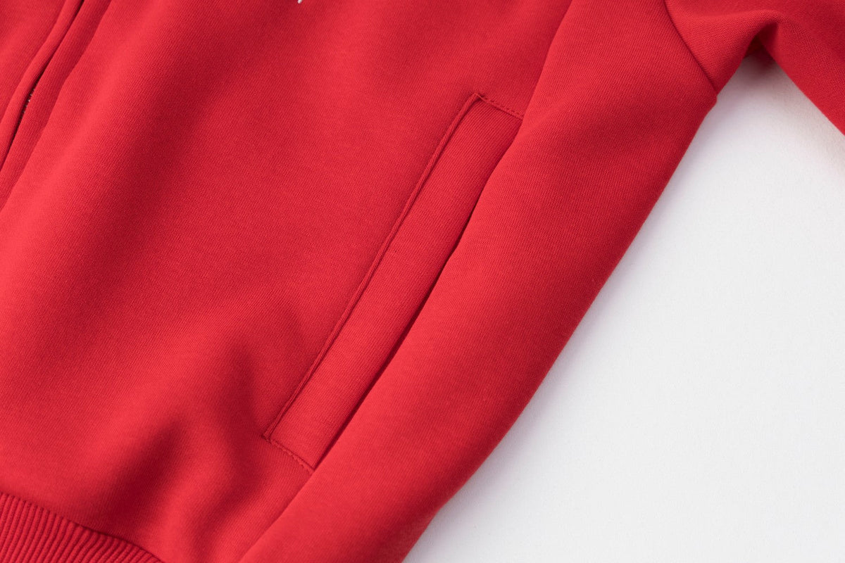 DAXUEN solid red full-zip embroidered crest hoodie