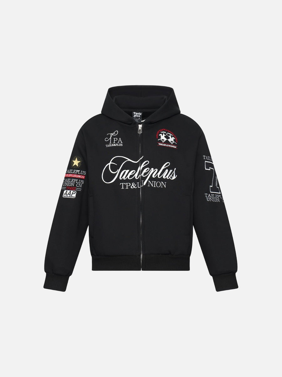 DAXUEN solid red full-zip embroidered crest hoodie