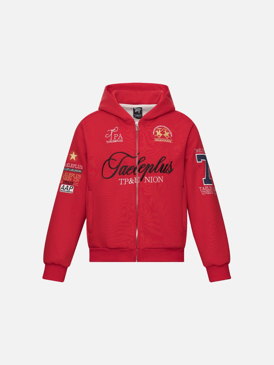 DAXUEN solid red full-zip embroidered crest hoodie