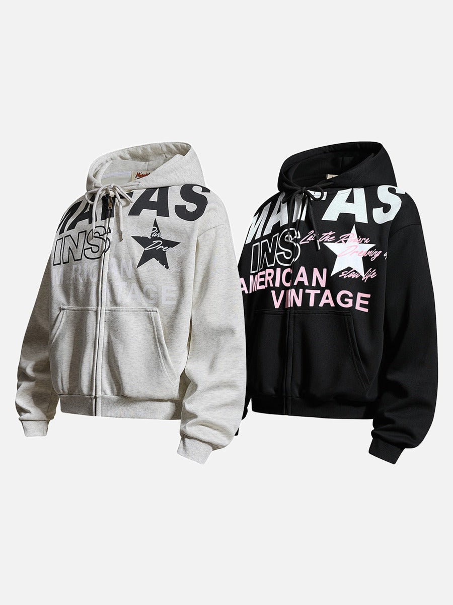 Bold Multi-Line Graphic Zip-Up Hoodie