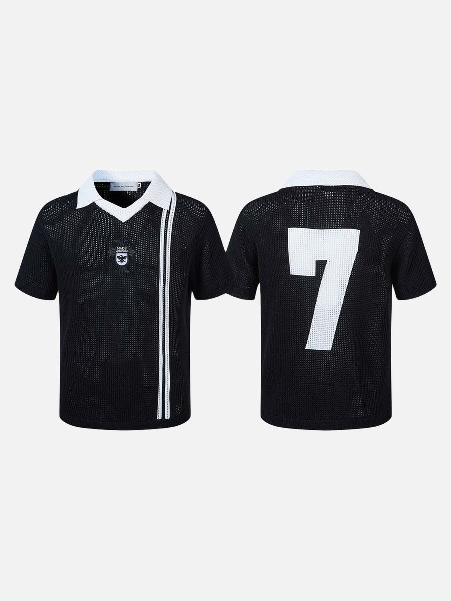 Bold Perforated '7' Black Knit Polo