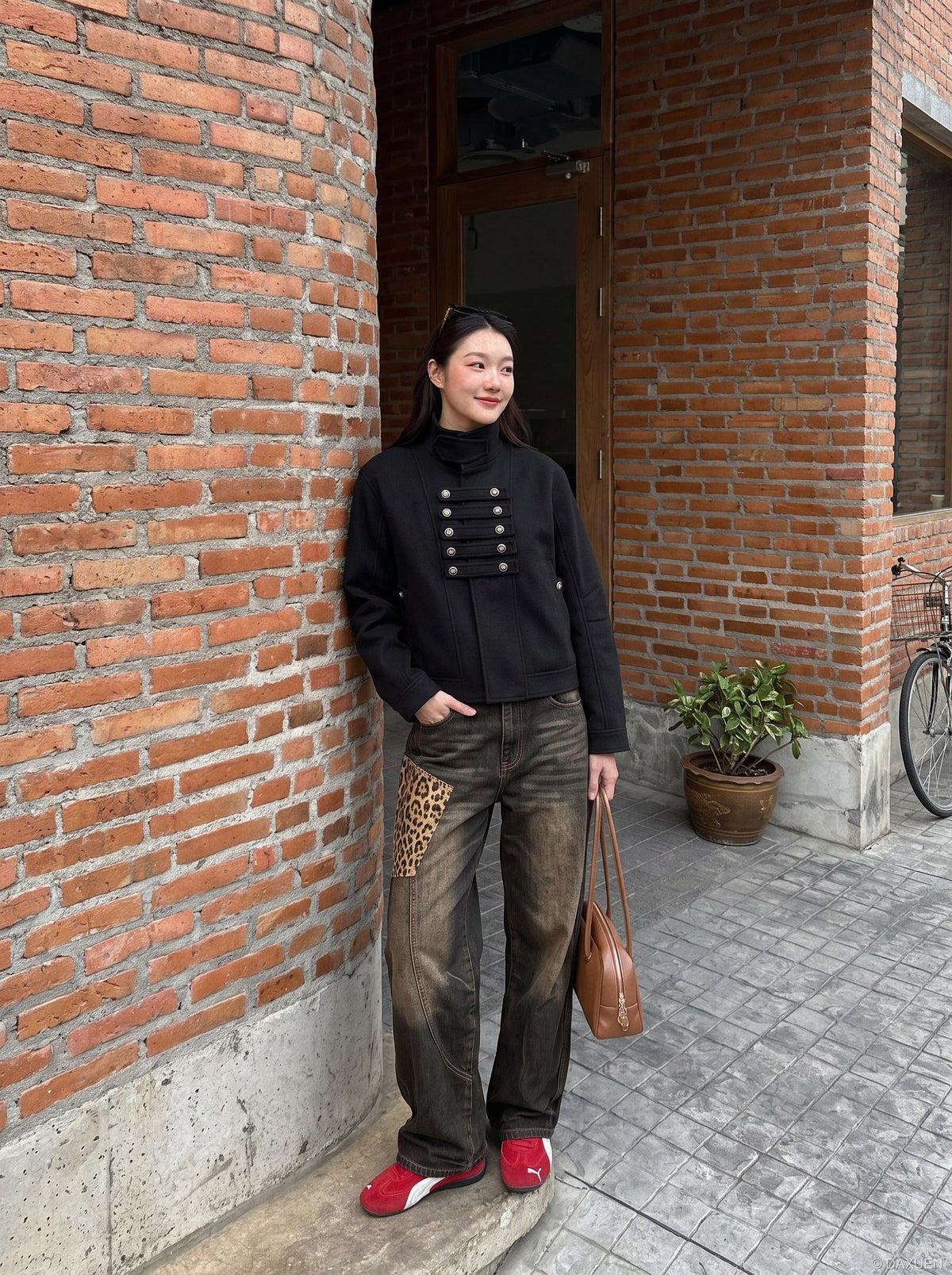 DAXUEN black oversized jacket with silver buttons — model photo