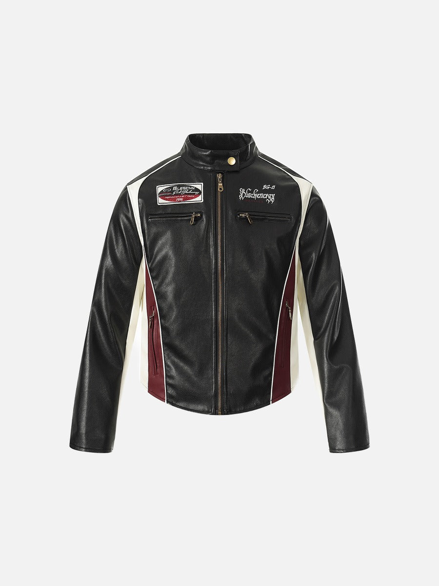DAXUEN black cropped burgundy-blocked racer faux leather jacket