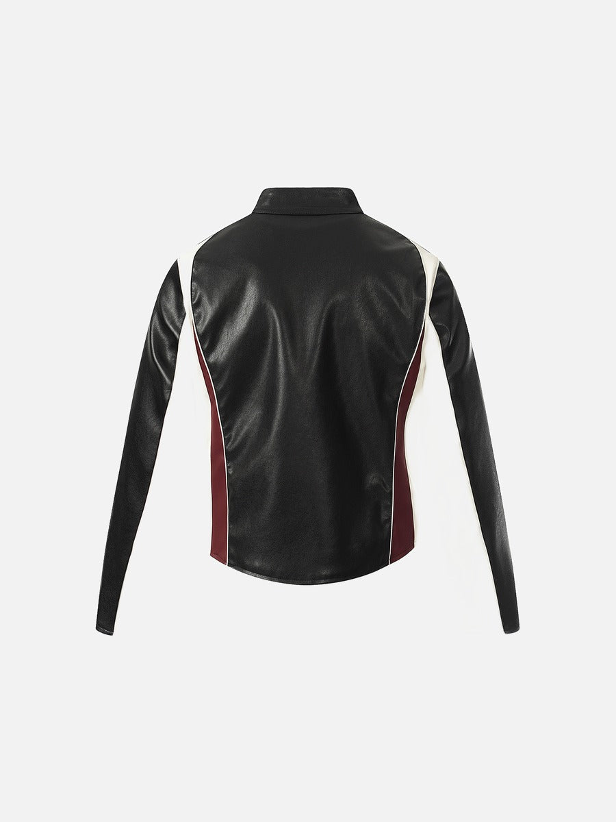 DAXUEN black cropped burgundy-blocked racer faux leather jacket