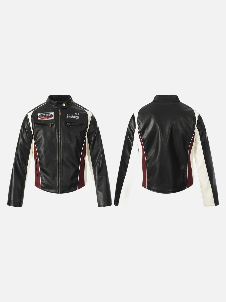 DAXUEN black cropped burgundy-blocked racer faux leather jacket