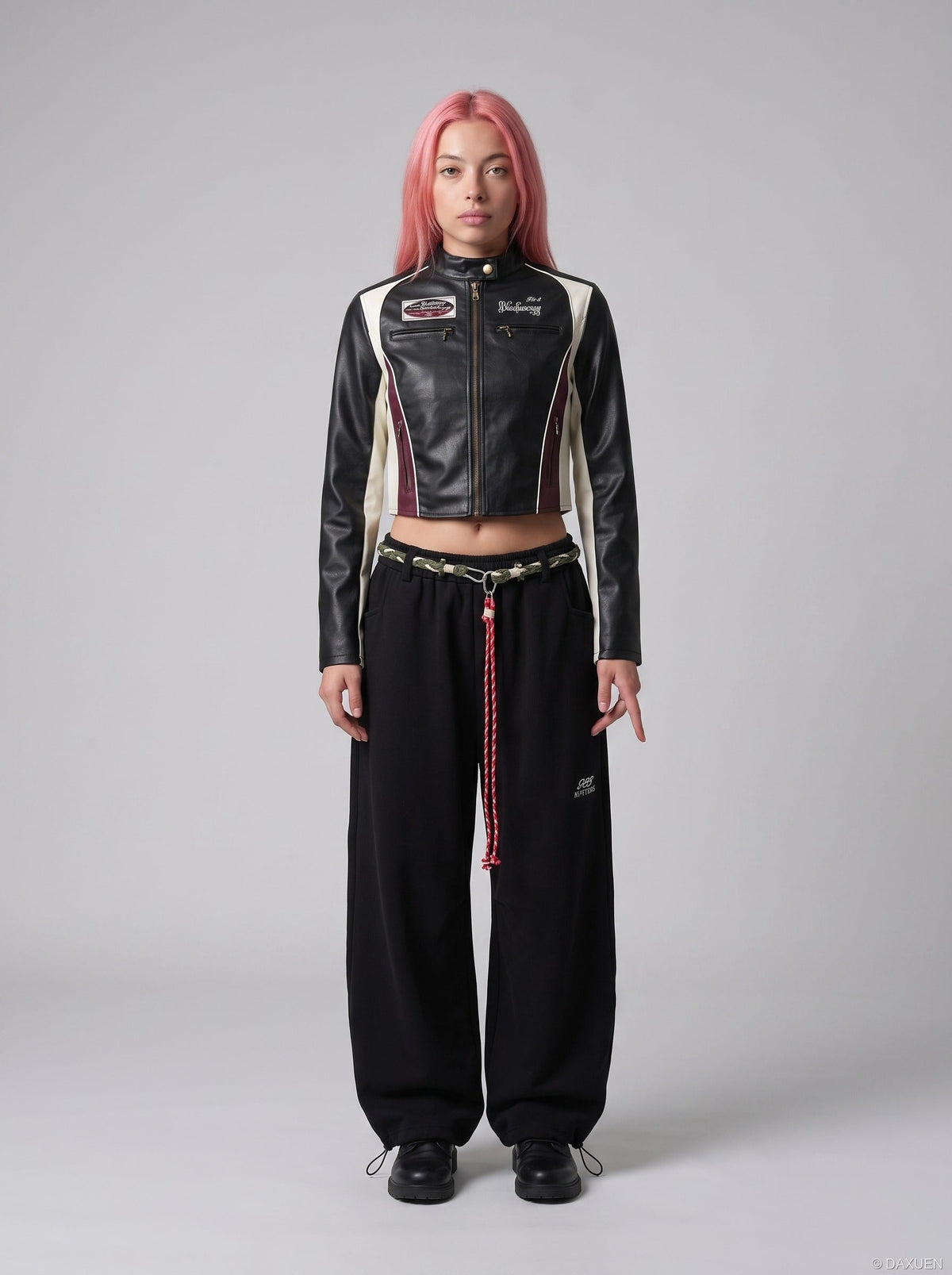 DAXUEN black cropped burgundy-blocked racer faux leather jacket — model photo