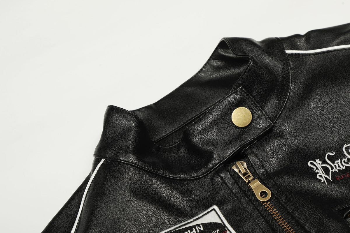 DAXUEN black cropped burgundy-blocked racer faux leather jacket