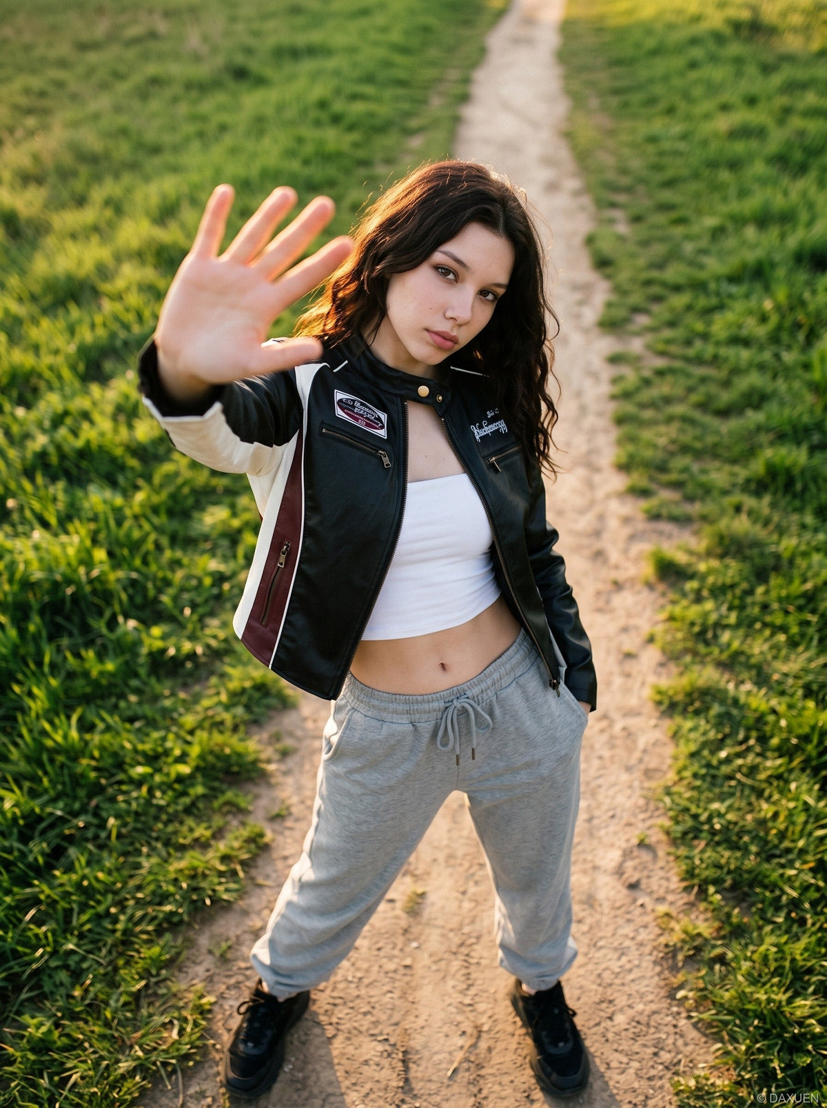 DAXUEN black cropped burgundy-blocked racer faux leather jacket — model photo