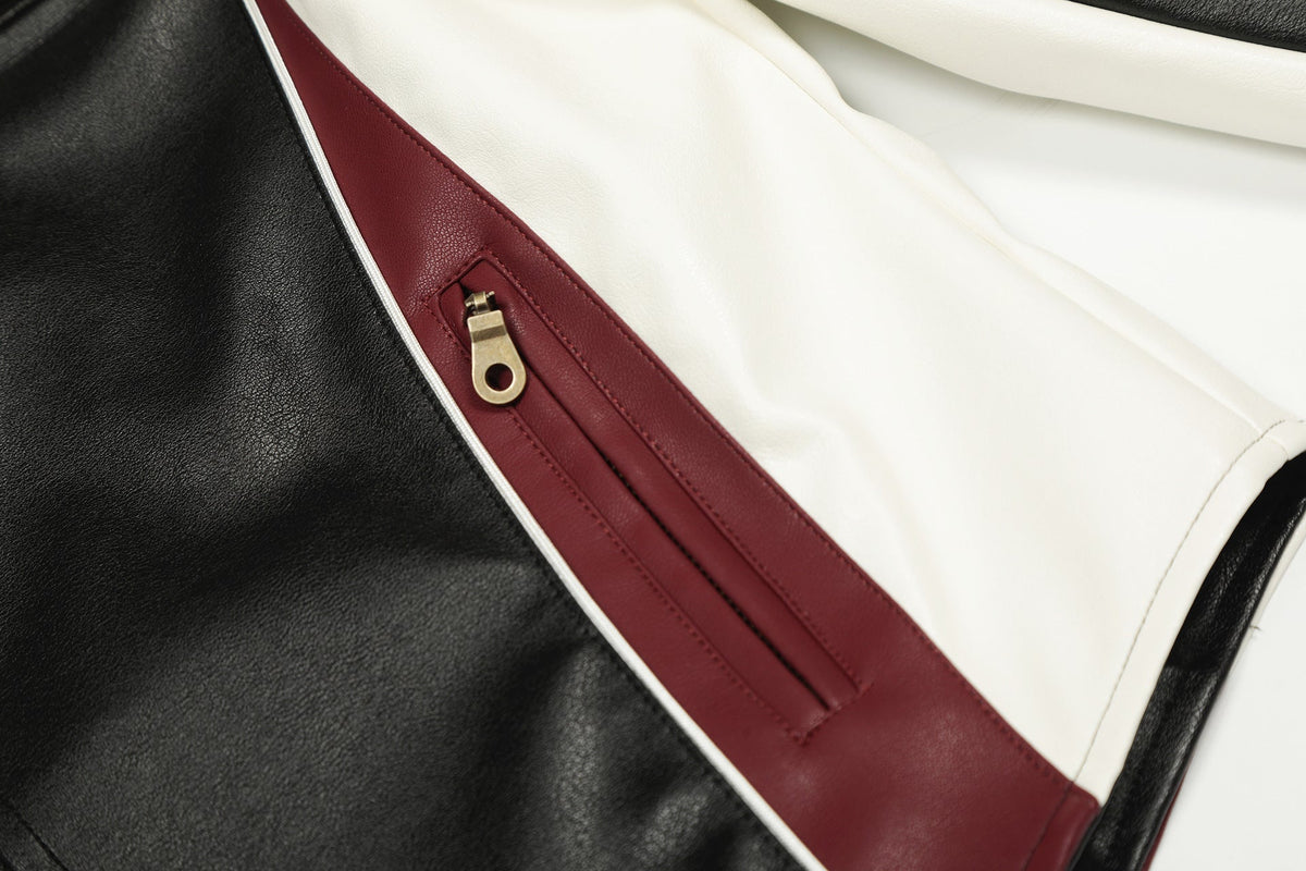 DAXUEN black cropped burgundy-blocked racer faux leather jacket