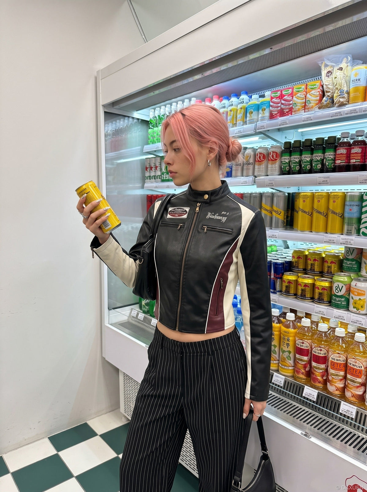 DAXUEN black cropped burgundy-blocked racer faux leather jacket — model photo