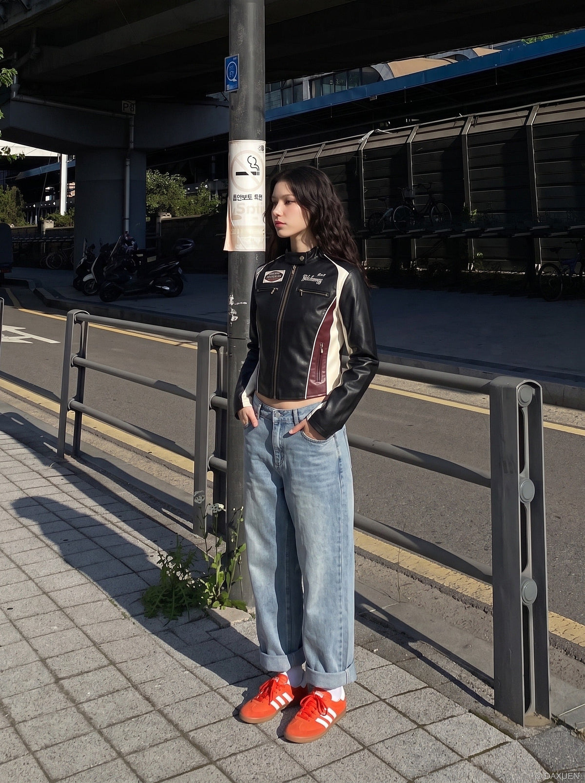 DAXUEN black cropped burgundy-blocked racer faux leather jacket — model photo