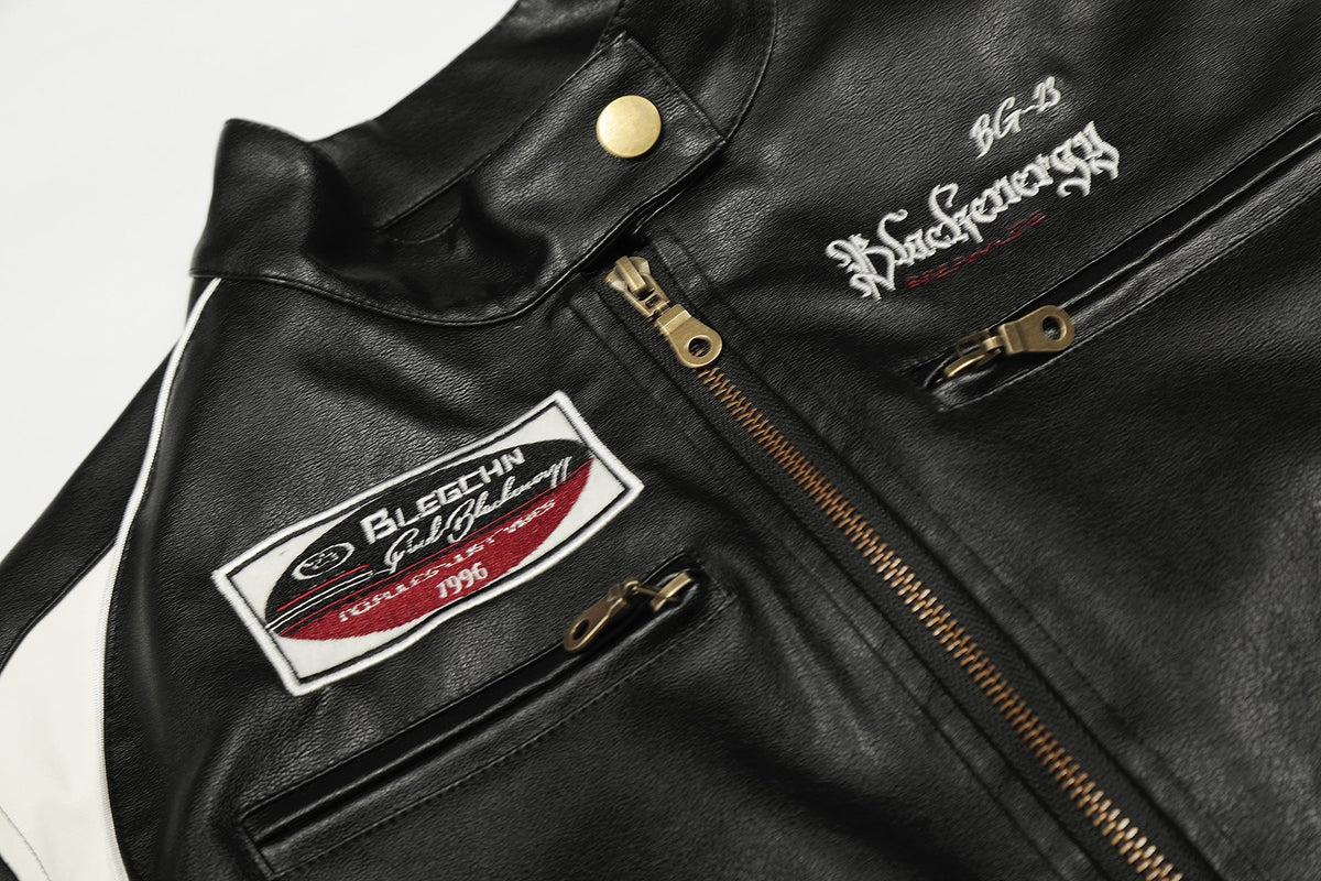 DAXUEN black cropped burgundy-blocked racer faux leather jacket