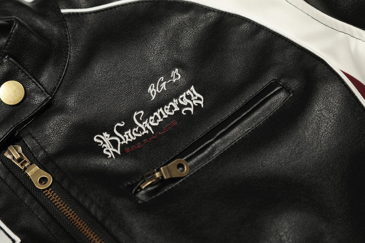DAXUEN black cropped burgundy-blocked racer faux leather jacket