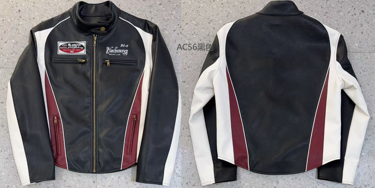 DAXUEN black cropped burgundy-blocked racer faux leather jacket