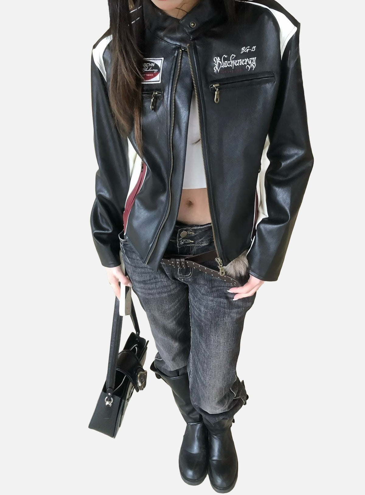 DAXUEN black cropped burgundy-blocked racer faux leather jacket