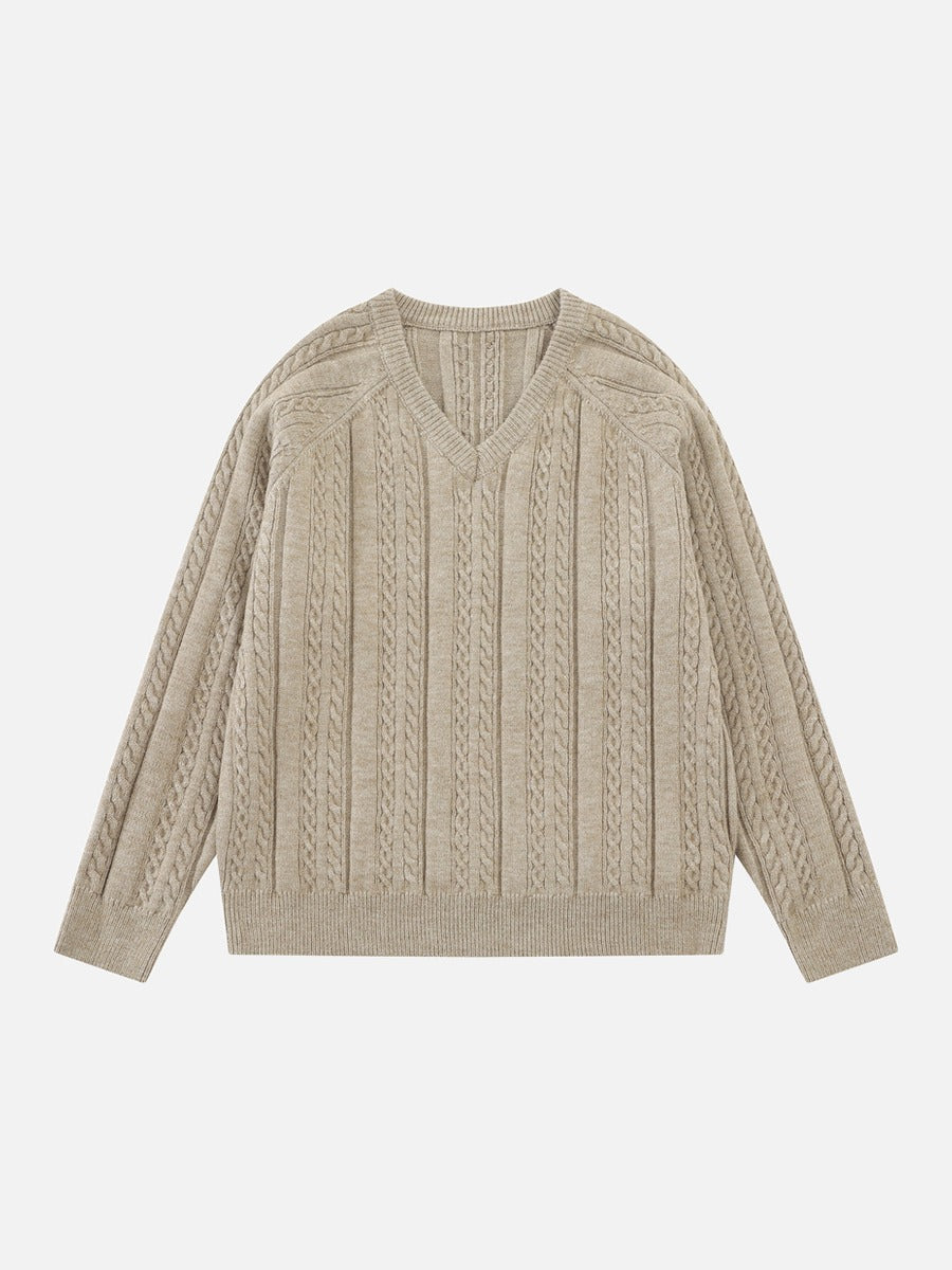 DAXUEN grey cable knit V-neck sweater