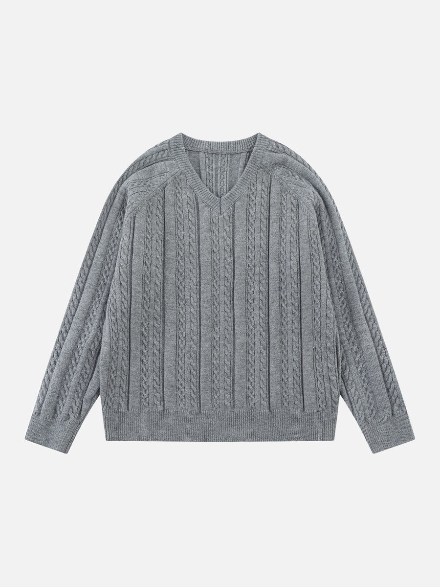 DAXUEN grey cable knit V-neck sweater