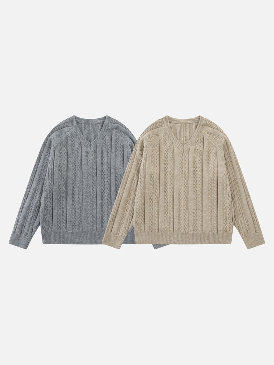 DAXUEN grey cable knit V-neck sweater