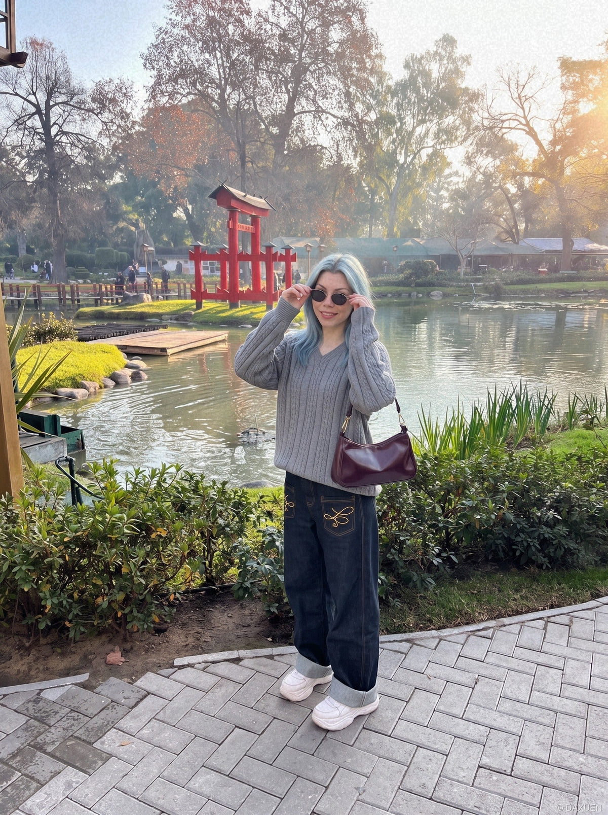 DAXUEN grey cable knit V-neck sweater — model photo