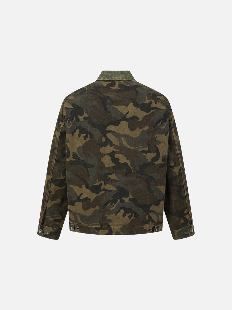 Camouflage Print Long-Sleeve Jacket with Corduroy Accents