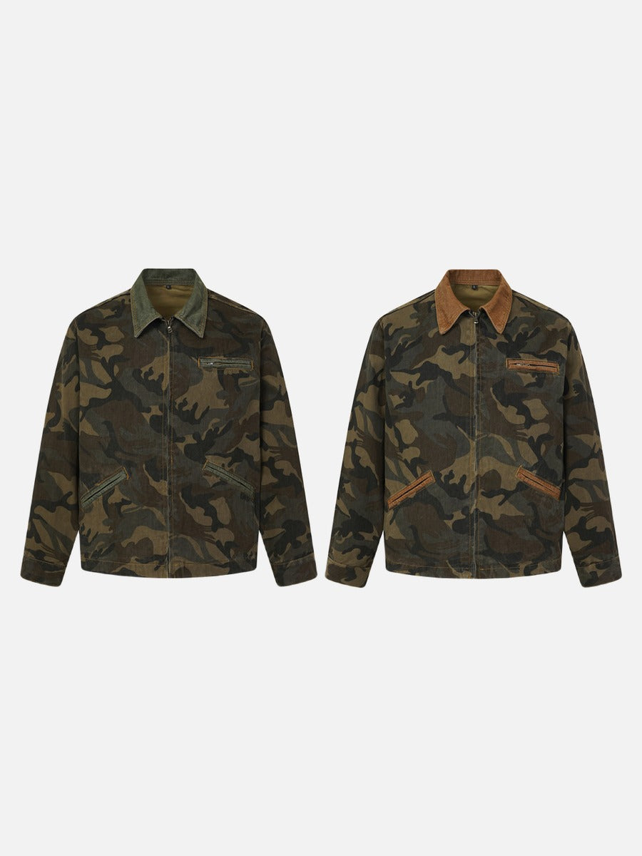 Camouflage Print Long-Sleeve Jacket with Corduroy Accents