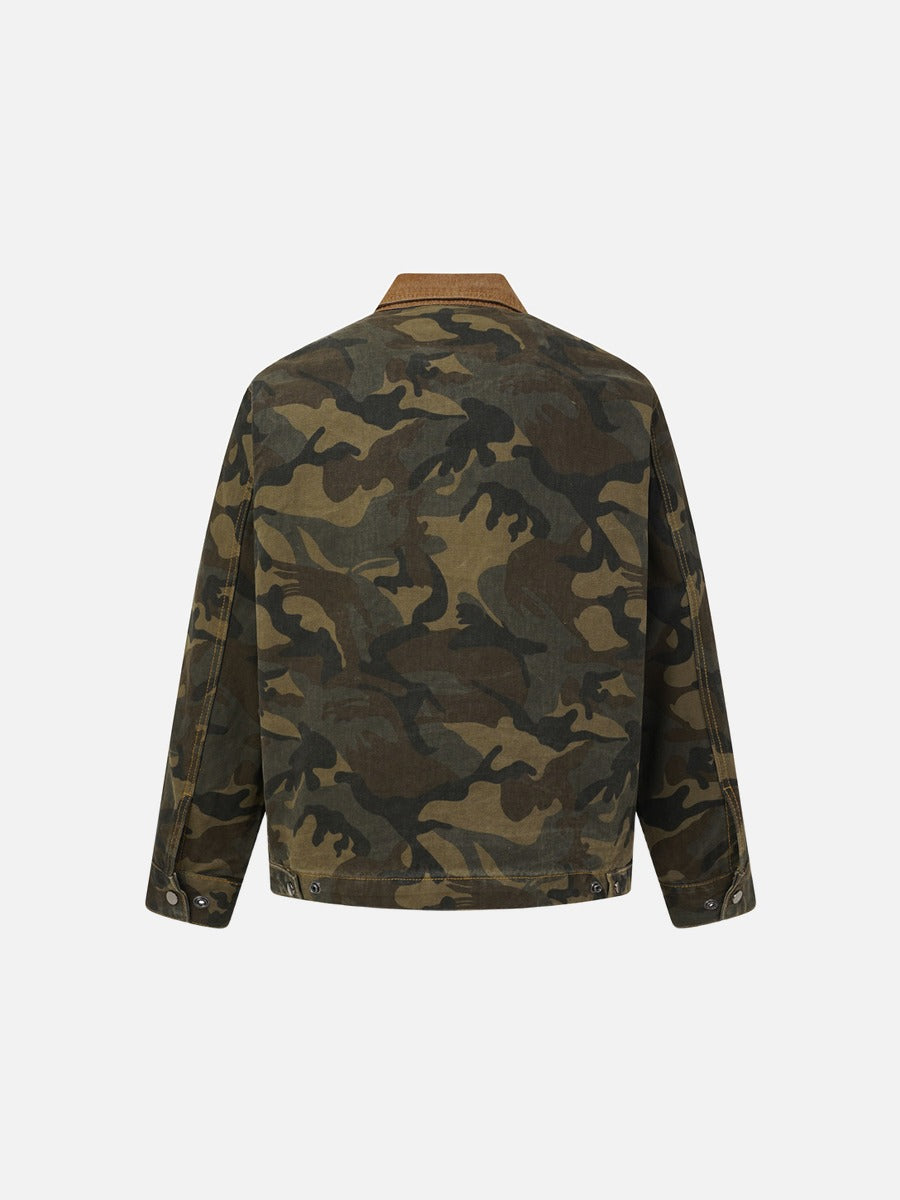 Camouflage Print Long-Sleeve Jacket with Corduroy Accents