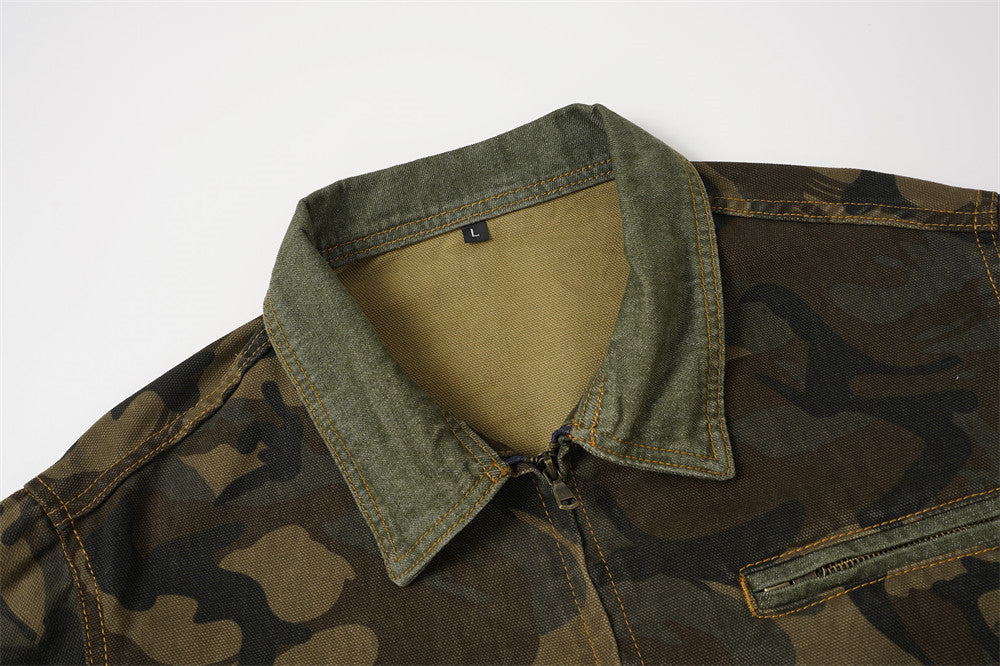 Camouflage Print Long-Sleeve Jacket with Corduroy Accents
