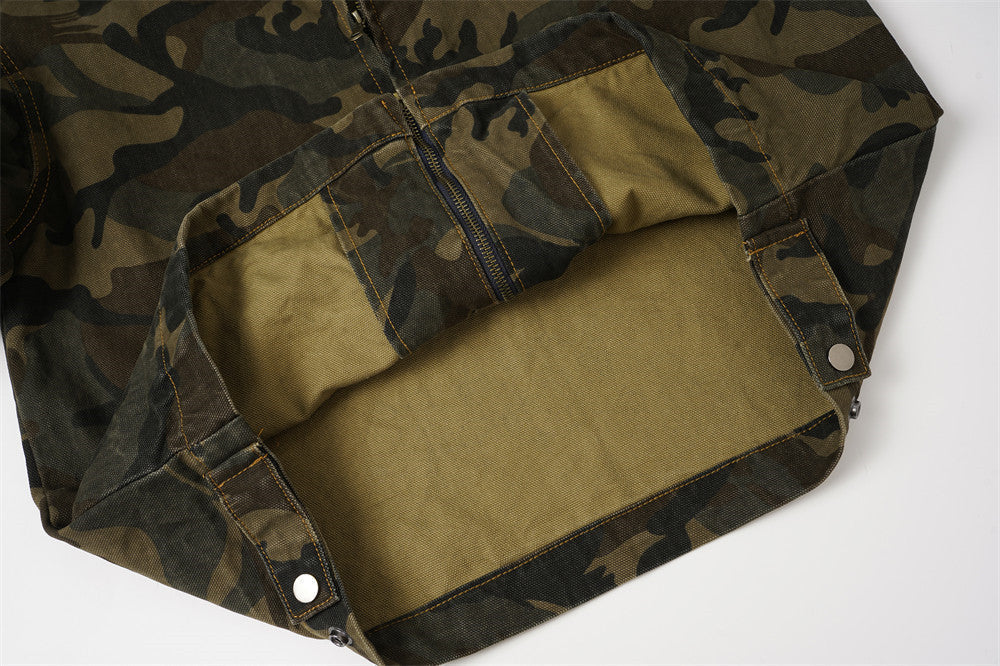 Camouflage Print Long-Sleeve Jacket with Corduroy Accents