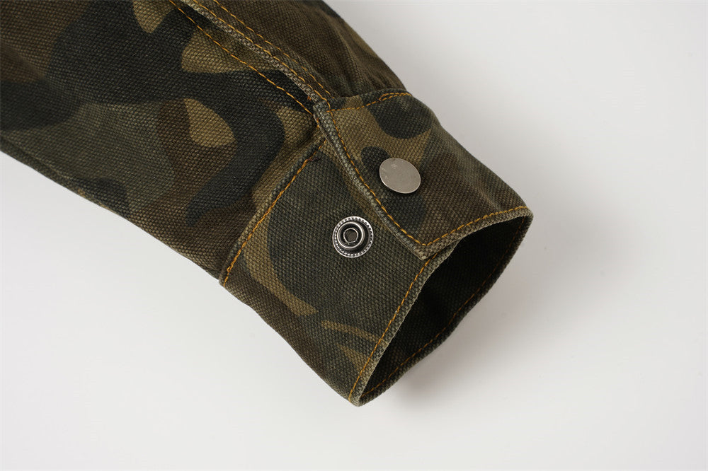 Camouflage Print Long-Sleeve Jacket with Corduroy Accents