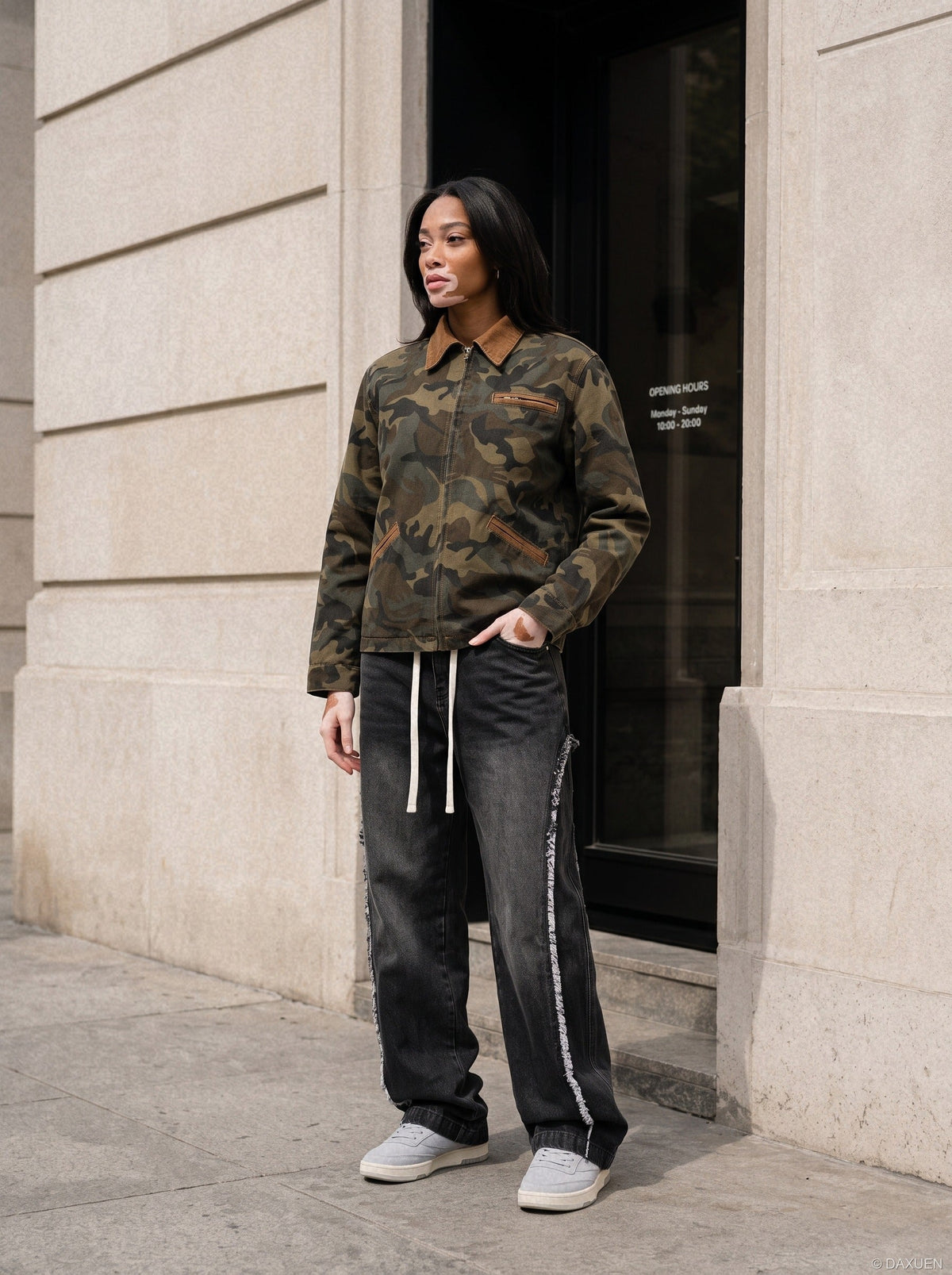 Camouflage Print Long-Sleeve Jacket with Corduroy Accents