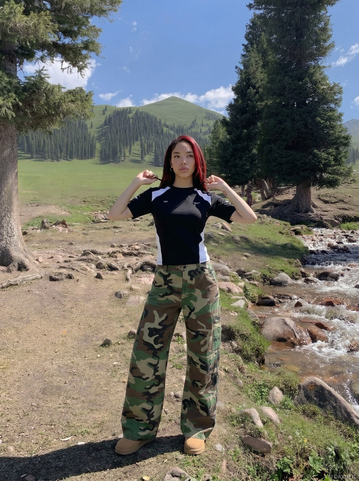 DAXUEN camouflage wide-leg utility pants — model photo