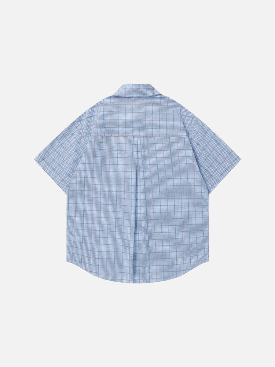 Cartoon-Embroidered Plaid Button-Up Shirt