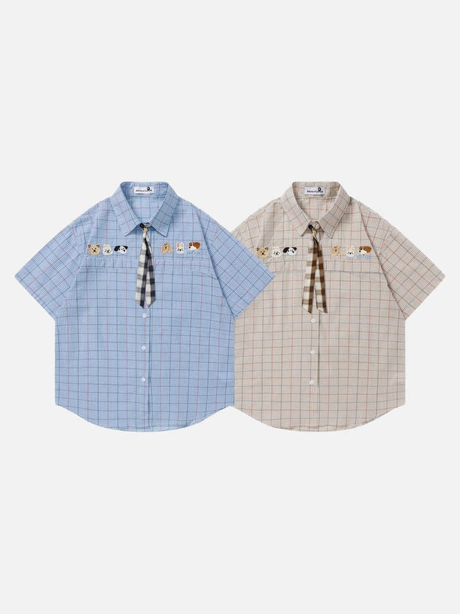 Cartoon-Embroidered Plaid Button-Up Shirt