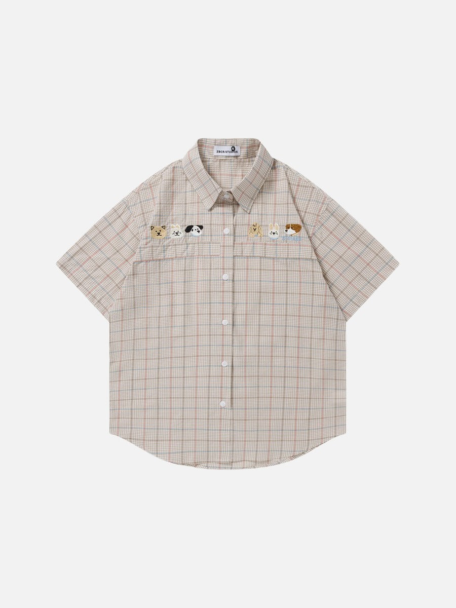 Cartoon-Embroidered Plaid Button-Up Shirt